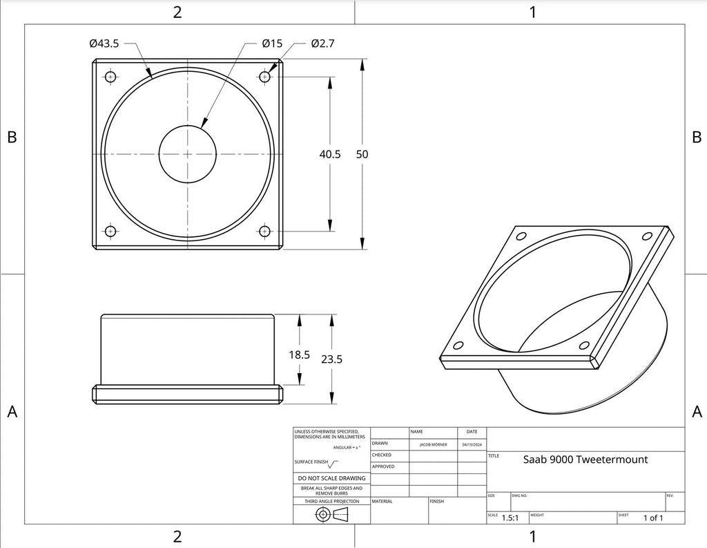 Tweeter Mount for DLS RC25 Tweeters – Fits Saab 9000 Dash or Door Panel