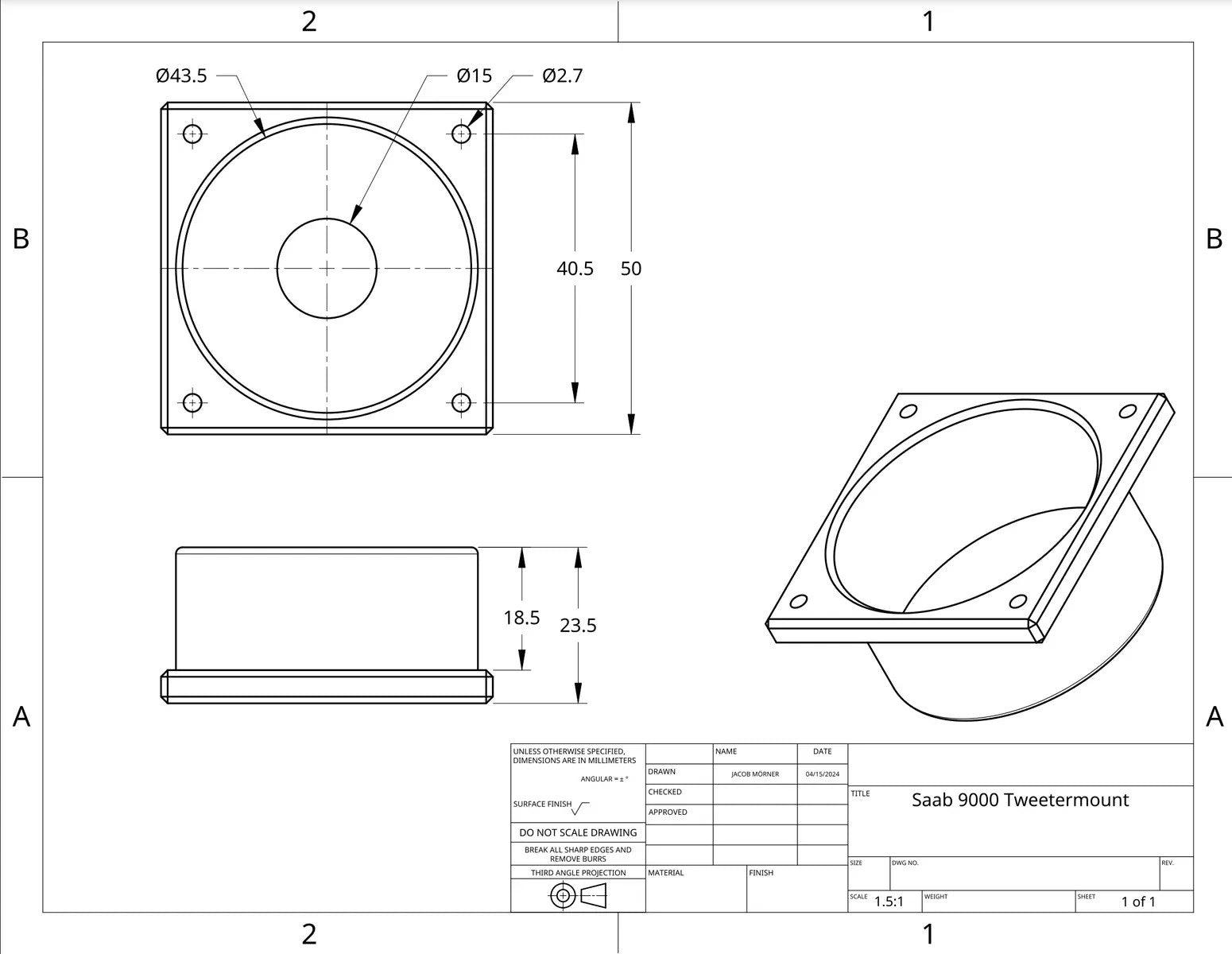 Tweeter Mount for DLS RC25 Tweeters – Fits Saab 9000 Dash or Door Panel